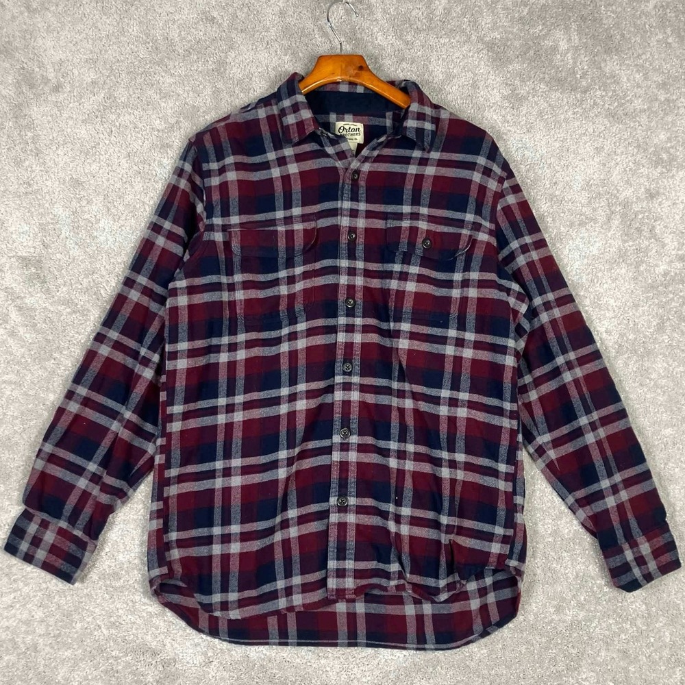 Orton Brothers Mens Flannel Shirt Large Red Blue Plaid Cotton Button Up Heavy